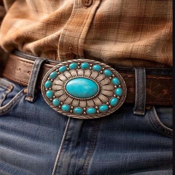 Turquoise Blue Color Accented Western Belt Buckle Silver or gold main image 12
